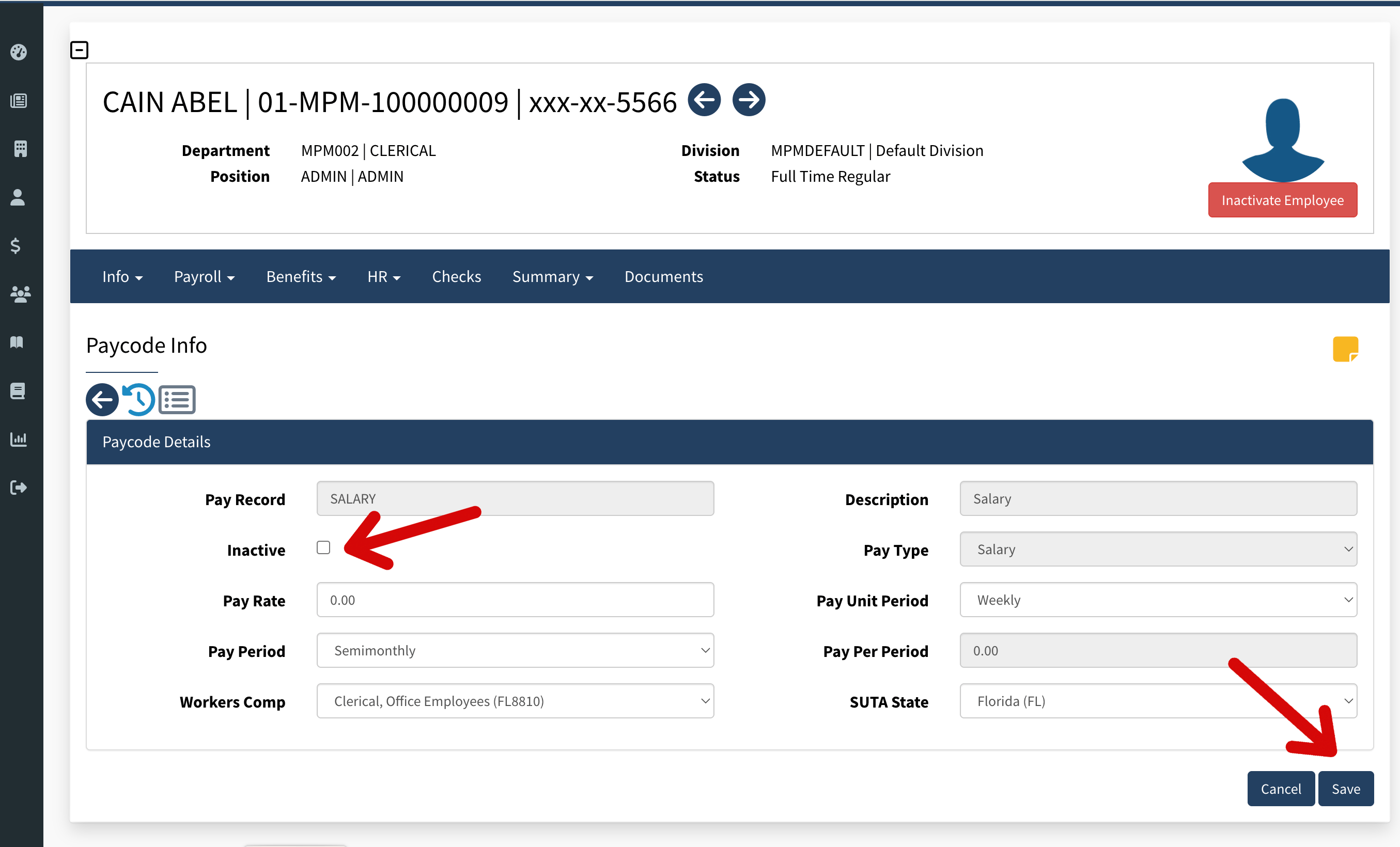 How do I inactivate a pay code?